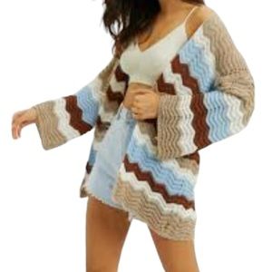 Design History Crochet Cardigan Women’s Large Multicolor Chevron Open Front NEW